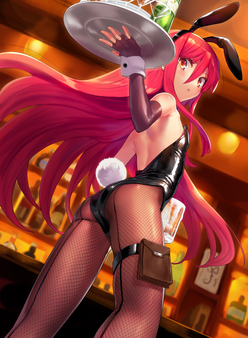 1girl absurdres alcohol animal_ears bar bare_shoulders beer_mug blush bottle bunny_girl bunny_tail bunnysuit cocktail_glass cup drinking_glass elbow_gloves fake_animal_ears fingerless_gloves fishnet_legwear fishnets flat_chest from_below from_side gloves highres leg_strap leotard long_hair looking_back mug ohlia orange_eyes parted_lips pouch rabbit_ears redhead shakugan_no_shana shana solo strapless strapless_leotard tail tray wine_bottle wine_glass wrist_cuffs
