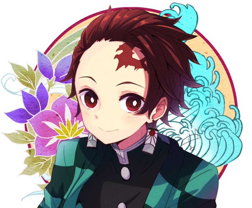 1boy amagasa_nadame black_jacket brown_hair checkered closed_mouth commentary_request earrings facial_scar floral_background forehead forehead_scar highres jacket jewelry kamado_tanjirou kimetsu_no_yaiba looking_at_viewer male_focus open_clothes red_eyes scar signature smile solo upper_body white_background