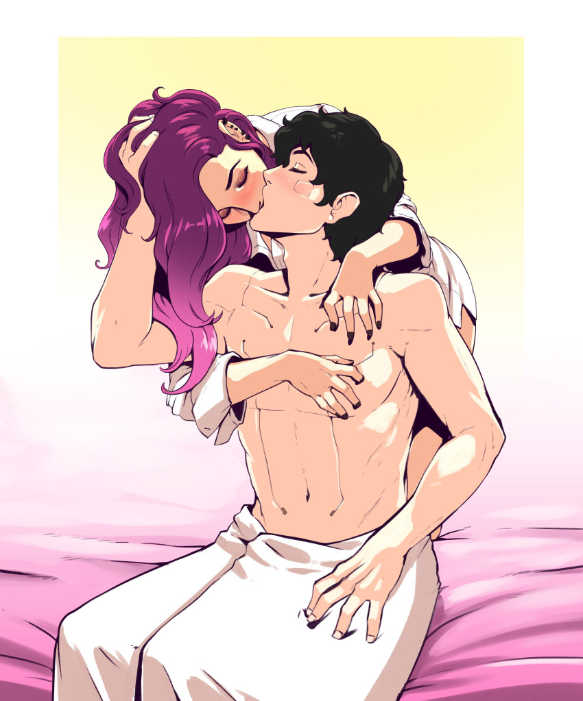 1boy 1girl absurdres arm_up bare_arms bent_over black_hair black_nails blush brown_hair closed_eyes collarbone commentary d-rex ear_piercing hand_in_another's_hair hand_on_another's_chest hands_on_lap highres kiss long_hair long_sleeves nail_polish navel original piercing purple_hair purple_nails shirt short_hair sitting topless towel white_shirt white_towel