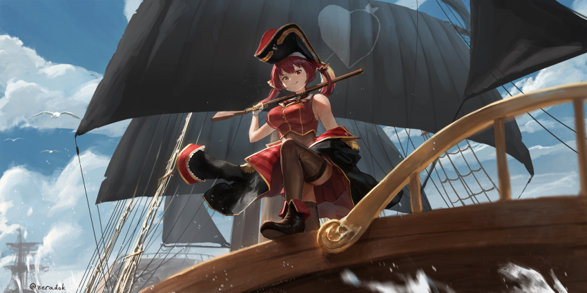 1girl ascot bare_shoulders bicorne bird black_legwear blue_sky boots breasts closed_mouth clouds day english_commentary fleet hat heterochromia highres hololive houshou_marine jacket large_breasts leg_up looking_at_viewer mast medium_hair off_shoulder outdoors pirate_hat red_eyes red_neckwear redhead sail sailing seagull ship sky smile solo standing sunlight thigh-highs twintails twitter_username virtual_youtuber watercraft yellow_eyes zeradok