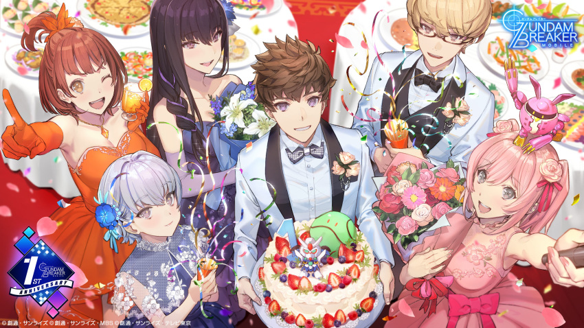 2boys 4girls aizen_touma anniversary artist_request black_hair bouquet bow bowtie brown_hair cake celebration commentary_request confetti cup dress drinking_glass elbow_gloves flower food formal glasses gloves grey_hair grin gundam_breaker_mobile highres ichinose_yuri kotomori_ren kuzunoha_rindou light_brown_hair long_hair looking_at_viewer looking_up medium_hair miyama_sana multiple_boys multiple_girls official_art one_eye_closed open_mouth orange_dress party party_popper pink_dress pink_hair purple_dress short_hair sleeveless sleeveless_dress smile strapless strapless_dress suit table tuxedo white_suit