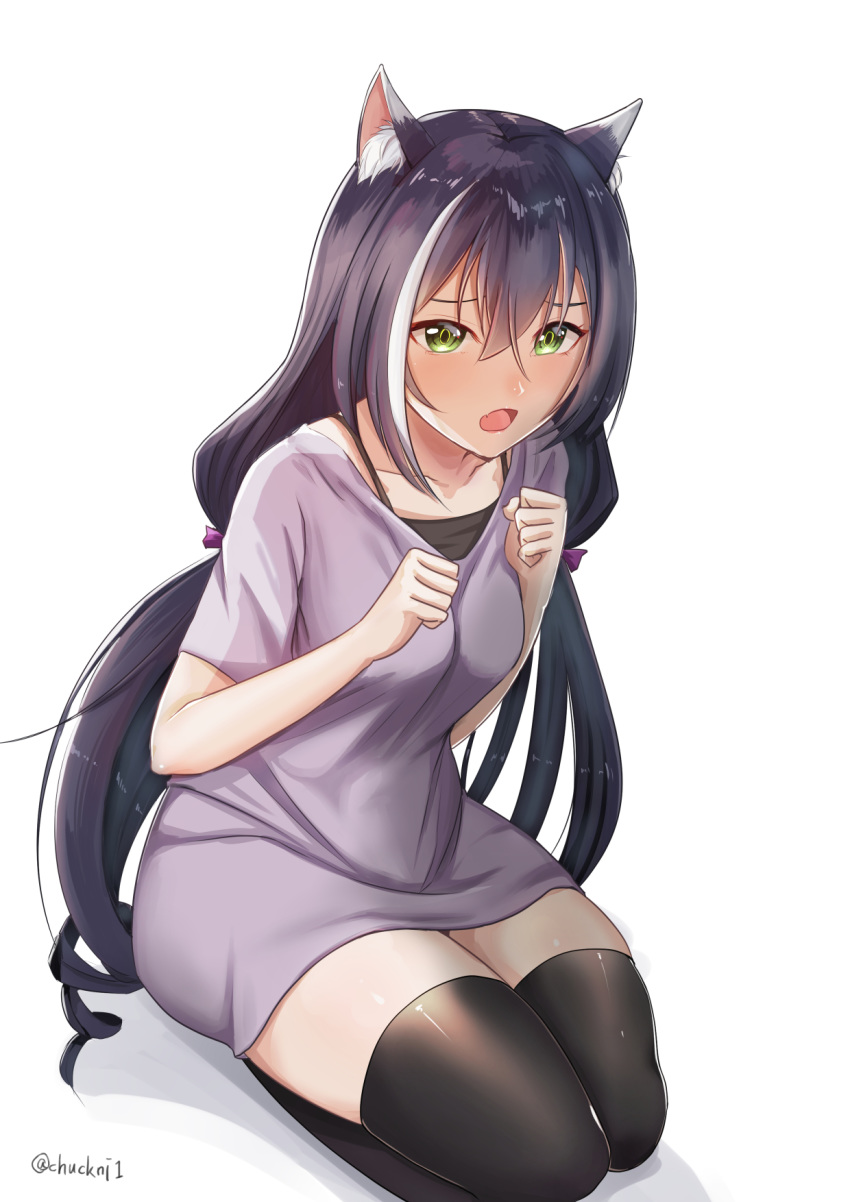 1girl animal_ear_fluff animal_ears bangs between_breasts black_hair black_legwear blush bow breasts cat_ears commentary_request dress eyebrows_visible_through_hair fang green_eyes hair_between_eyes hair_bow hands_up highres karyl_(princess_connect!) long_hair looking_at_viewer low_twintails multicolored_hair open_mouth princess_connect! princess_connect!_re:dive purple_bow purple_dress ringlets seiza shadow shogun_(a96040021) short_sleeves sidelocks sitting small_breasts solo streaked_hair thigh-highs twintails twitter_username very_long_hair white_background white_hair