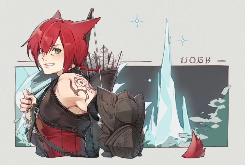 1boy animal_ears arm_tattoo armor arrow_(projectile) bare_shoulders blush bow_(weapon) crow0cc crystal crystal_exarch final_fantasy final_fantasy_xiv g'raha_tia glowing green_eyes highres male_focus miqo'te parted_lips ponytail quiver redhead smile solo sparkle tail tattoo tree weapon weapon_on_back