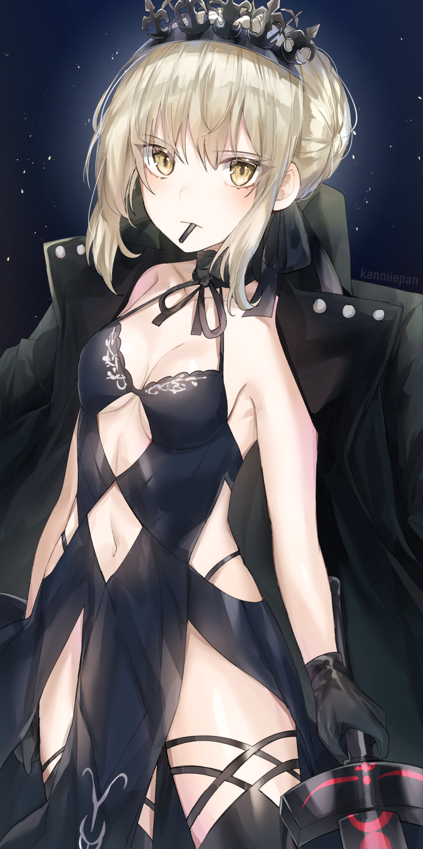 1girl absurdres artoria_pendragon_(all) bare_shoulders black_coat black_dress black_gloves black_legwear blonde_hair breasts coat coat_on_shoulders cowboy_shot dress excalibur_morgan fate/grand_order fate_(series) gloves halter_dress highres holding holding_sword holding_weapon kanniepan looking_at_viewer mouth_hold navel navel_cutout pelvic_curtain revealing_clothes saber_alter sidelocks sleeveless sleeveless_dress small_breasts solo standing sword thigh-highs tiara tied_hair weapon yellow_eyes