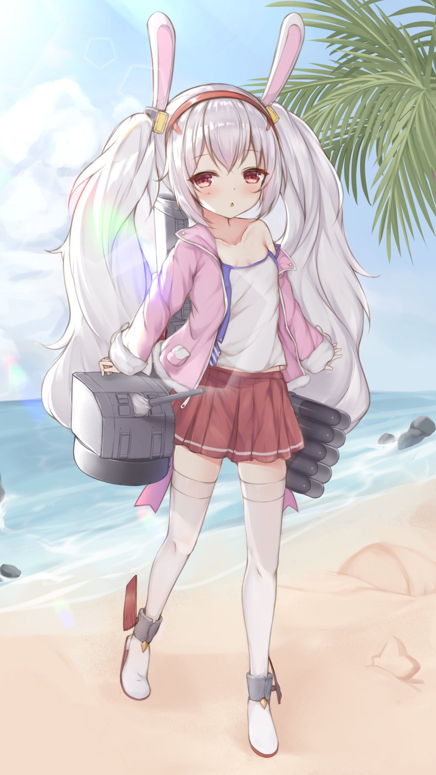 1girl absurdres animal_ears azur_lane beach camisole cannon clouds commentary_request fake_animal_ears full_body hairband highres irokari jacket laffey_(azur_lane) long_hair ocean off_shoulder open_mouth outdoors palm_tree pink_jacket rabbit_ears red_eyes red_skirt shoes silver_hair skirt sky solo thigh-highs thighs torpedo tree twintails water weapon white_camisole white_footwear white_legwear