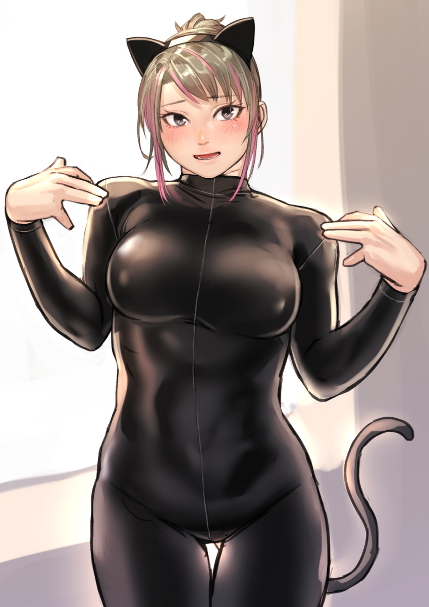 1girl animal_ears blush bodysuit cat_ears cat_tail eyebrows_visible_through_hair grey_eyes highres kilye_4421 latex_bodysuit looking_to_the_side multicolored_hair original skin_tight smile solo sweat tail two-tone_hair