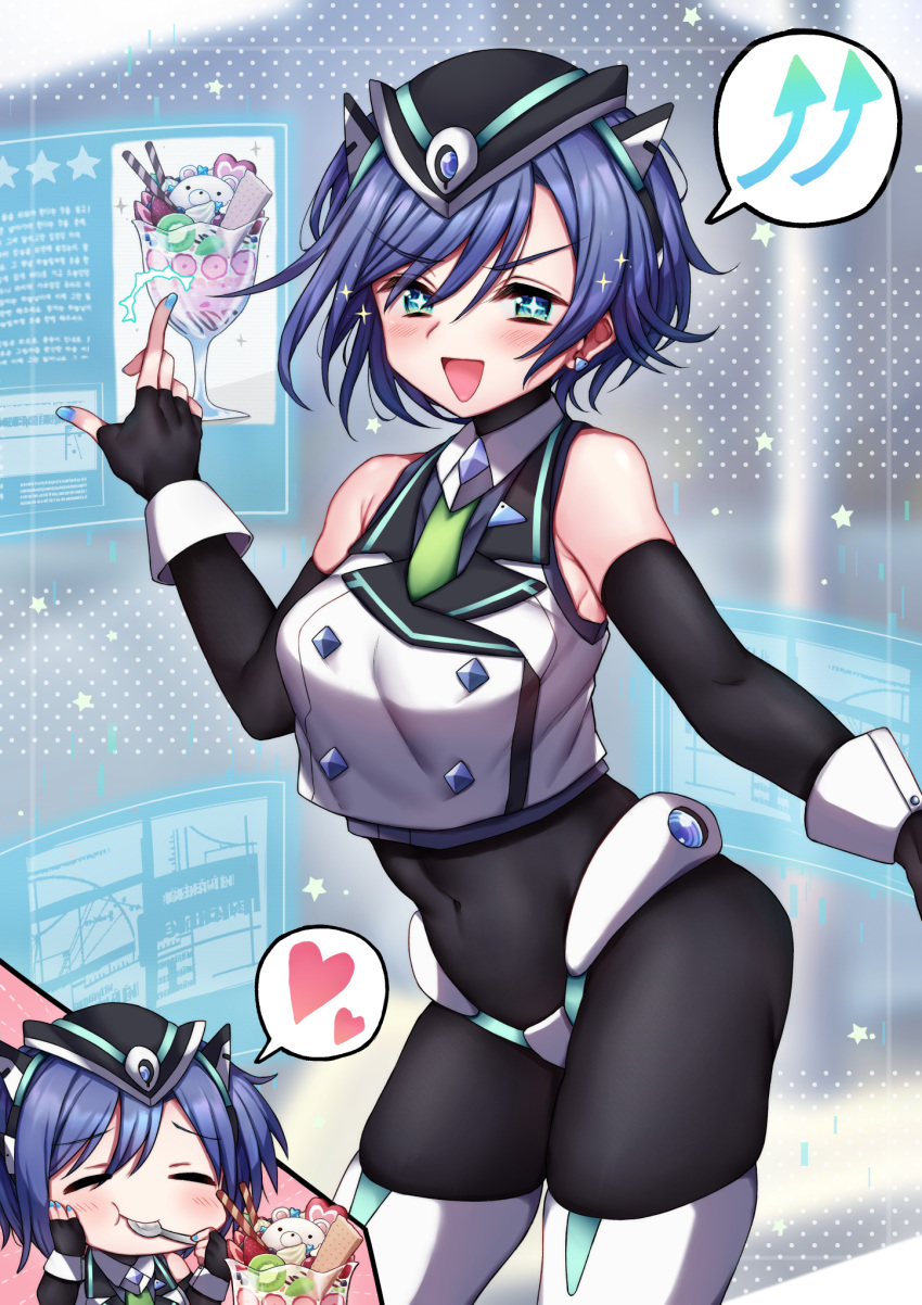 blue_eyes blue_hair bodysuit bodysuit_under_clothes breasts food heart highres holographic_touchscreen ice_cream large_breasts looking_at_viewer necktie original pov pov_dating science_fiction short_hair skin_tight yoineya