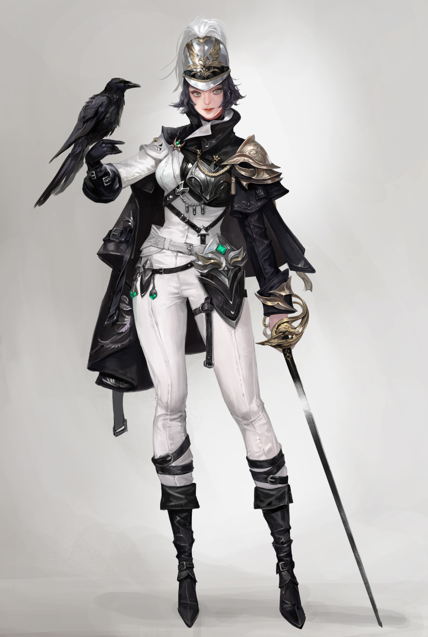 1girl absurdres bird black_gloves black_hair boots breasts cape crow gloves green_eyes hat highres holding holding_sword holding_weapon looking_at_viewer medium_breasts original short_hair solo sunong sword weapon white_headwear