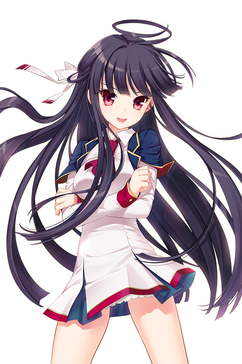 1girl black_hair breasts crossed_arms dress hair_ribbon highres long_hair looking_at_viewer medium_breasts official_art open_mouth red_eyes red_neckwear resized ribbon shirahane_nao soccer_spirits spread_legs upscaled ustiel_(soccer_spirits) white_dress white_ribbon