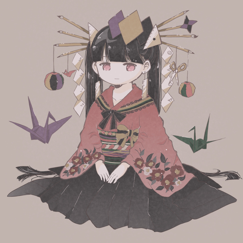 1girl awayawa_pic black_hair black_skirt brown_background closed_mouth commentary_request floral_print full_body hakama highres japanese_clothes kneeling long_sleeves looking_at_viewer origami original pleated_skirt red_eyes red_hakama ruler scissors simple_background skirt solo twintails wide_sleeves
