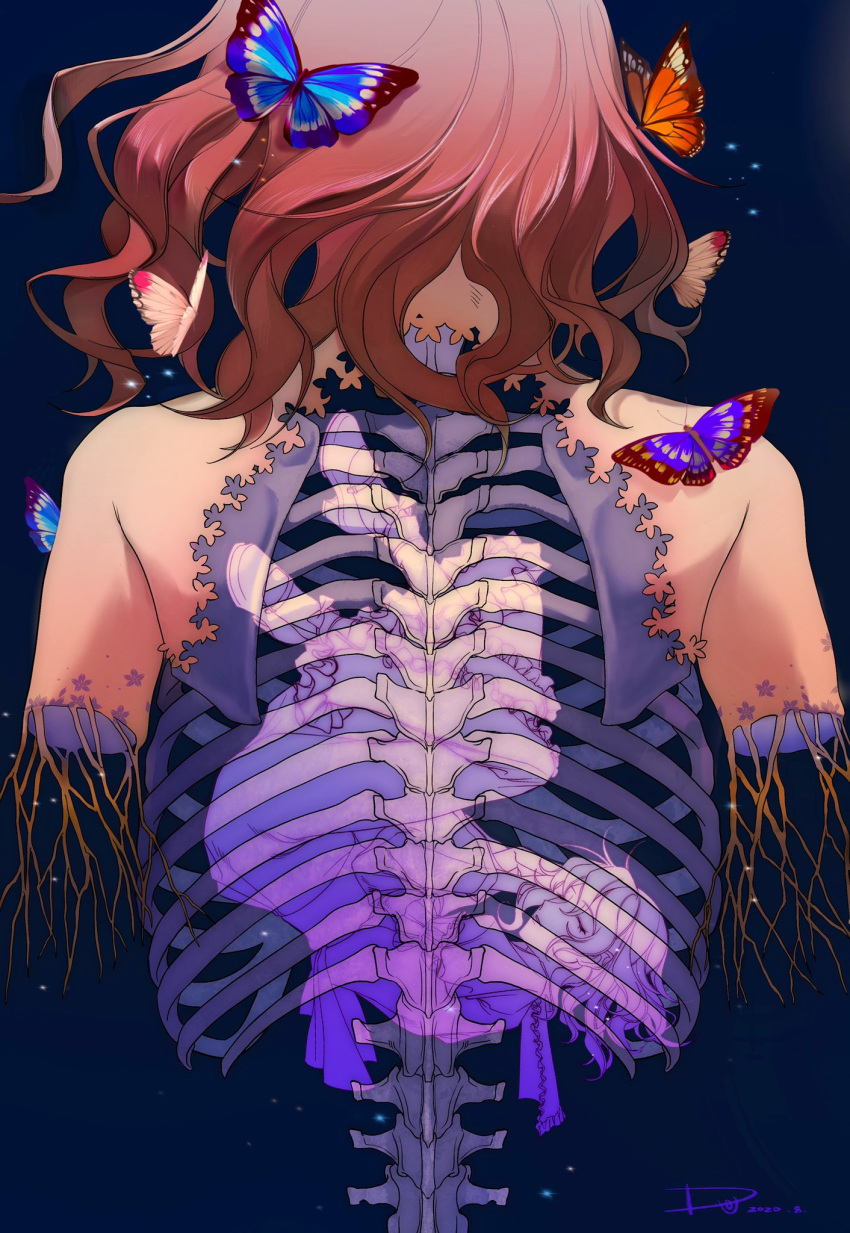 1girl artist_name bare_back bow bug butterfly cherry_blossom_print closed_eyes commentary cropped_arms dated dou_(doudouzi) dress dual_persona floral_print frilled_dress frills from_behind hands_up highres insect long_sleeves medium_hair missing_limb no_hat no_headwear pink_hair saigyouji_yuyuko shoes shoulder_blades skeleton spine tears touhou wide_sleeves
