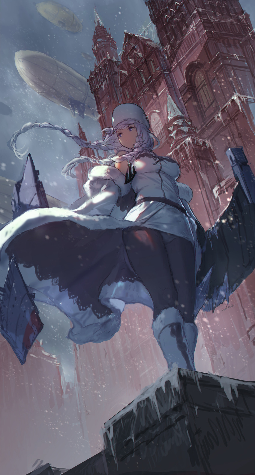 1girl aircraft avrora_(azur_lane) azur_lane bare_shoulders black_legwear boots braid breasts building dirigible dress fur_hat fur_trim grey_hair hat highres ice large_breasts long_hair looking_away panties panties_under_pantyhose pantyhose revision snowing solo swd3e2 twin_braids underwear violet_eyes white_dress white_headwear wind winter_clothes