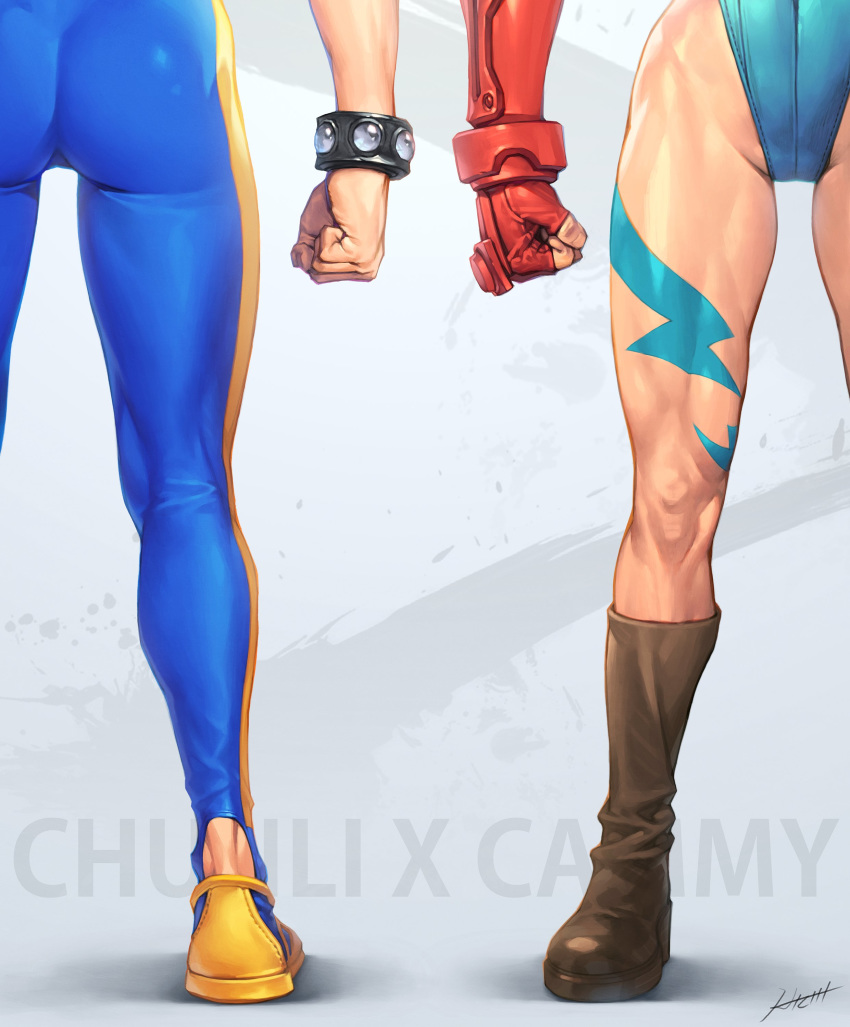 2girls absurdres aqua_leotard ass boots bracelet brown_footwear cammy_white chun-li clenched_hand elbow_gloves fingerless_gloves fingernails gloves hichi highres jewelry leg_tattoo leotard lightning_bolt multiple_girls muscle muscular_female signature skin_tight standing street_fighter tattoo