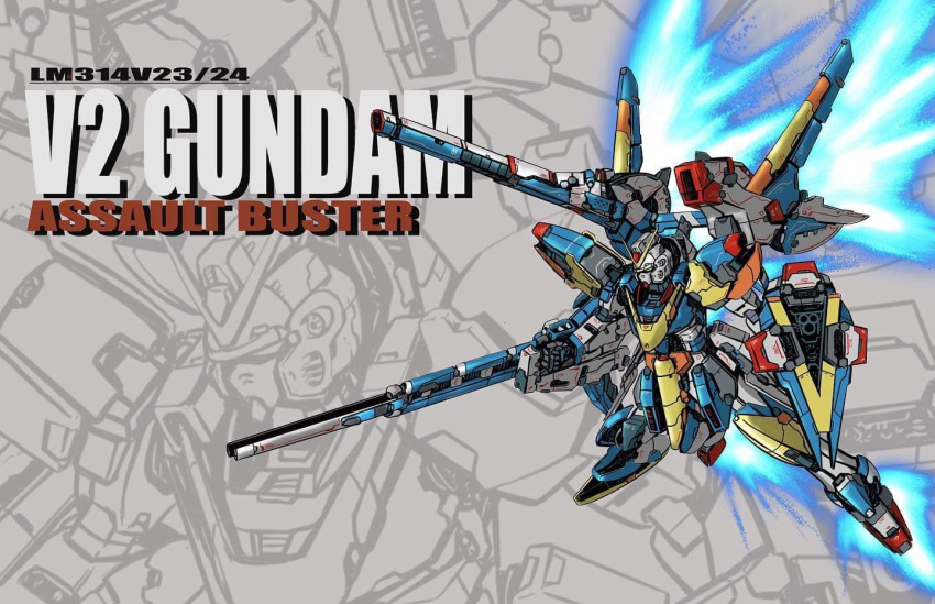 character_name chrome_gear english_commentary flying green_eyes gun gundam holding holding_gun holding_shield holding_weapon mecha no_humans shield shoulder_cannon solo v-fin v2_gundam victory_gundam weapon