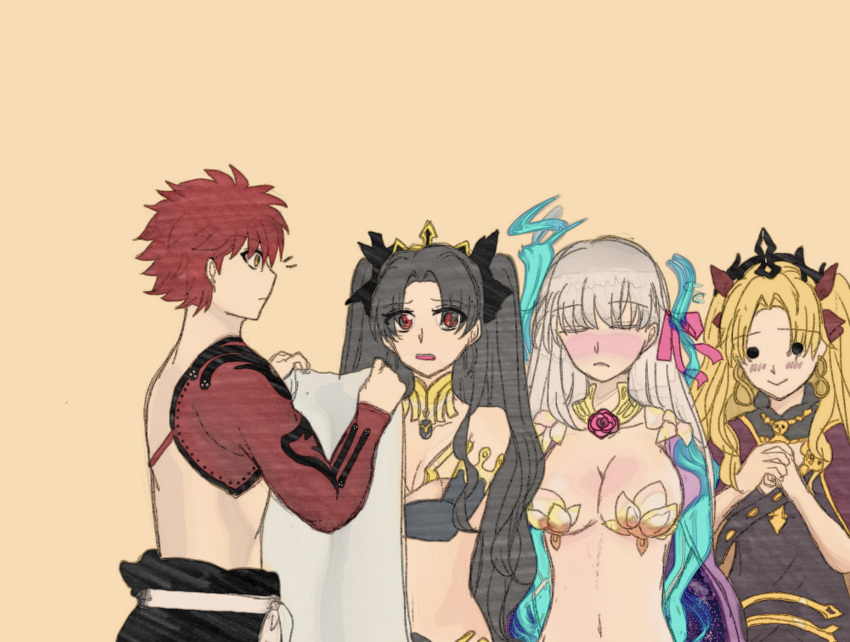 1boy 3girls anklet armlet armor asymmetrical_legwear asymmetrical_sleeves bangs bare_shoulders bikini bikini_armor black_hair blonde_hair blush bow breasts cape closed_eyes crown detached_sleeves earrings elbow_gloves emiya_shirou ereshkigal_(fate/grand_order) eyebrows_visible_through_hair fate/grand_order fate/stay_night fate_(series) gloves gold_trim hair_between_eyes hair_bow hair_ribbon highres hood hooded_cape hoop_earrings igote ishtar_(fate)_(all) ishtar_(fate/grand_order) japanese_clothes jewelry jzjd5557 kama_(fate/grand_order) large_breasts limited/zero_over long_hair long_sleeves medium_breasts mismatched_bikini multicolored multicolored_cape multicolored_clothes multiple_girls navel neck_ring orange_hair parted_bangs red_cape red_eyes redhead ribbon ring sengo_muramasa_(fate) silver_hair single_bare_shoulder single_detached_sleeve single_elbow_glove single_sleeve single_thighhigh smile swimsuit thigh-highs thighlet tiara toeless_legwear two_side_up very_long_hair yellow_eyes