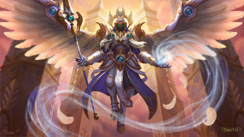 1boy andy_timm angel armor armored_boots artist_name boots feathered_wings feathers gloves glowing glowing_eyes green_eyes helmet highres horus_(smite) official_art polearm sky smite solo sparkle spear weapon wings
