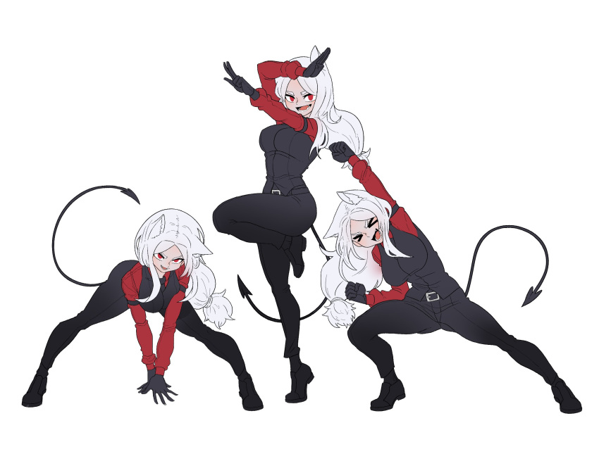 &gt;_&lt; 3girls animal_ears belt belt_buckle breasts buckle cerberus_(helltaker) commentary_request demon_girl demon_tail dog_ears dog_girl formal full_body gintm gloves helltaker highres large_breasts long_hair long_sleeves multiple_girls open_mouth pants red_eyes shoes simple_background standing suit tail teeth tongue white_background