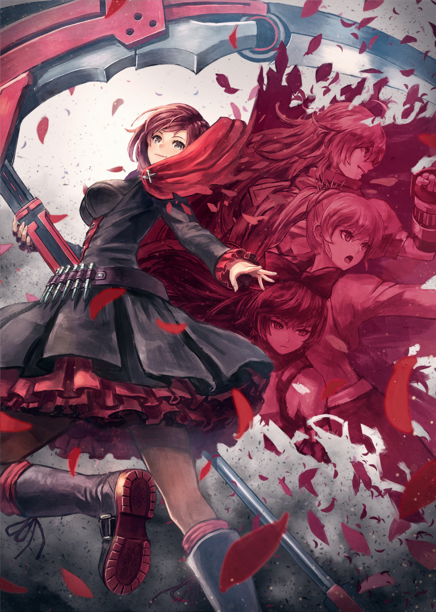 4girls blake_belladonna boots bow breasts cloak commentary_request gauntlets grey_eyes hair_bow highres holding holding_scythe kuroi_susumu long_hair long_sleeves looking_at_viewer medium_breasts multiple_girls pantyhose ponytail redhead ruby_rose rwby scythe short_hair skirt weiss_schnee yang_xiao_long