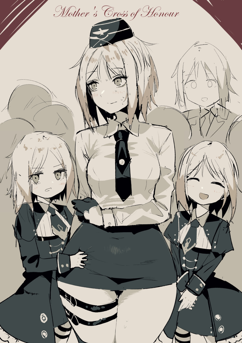 4girls :d :o akitaka_takaaki child english_text girls_frontline hat highres looking_at_viewer looking_to_the_side m200_(girls_frontline) military military_hat military_uniform mp40_(girls_frontline) multiple_girls necktie open_mouth smile sweat sweating_profusely uniform