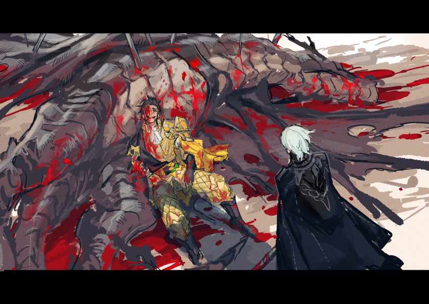 2boys :d ^_^ aqua_hair black_footwear black_gloves bleeding blood blood_on_face blood_splatter bloody_clothes bloody_hair boots brown_hair byleth_(fire_emblem) byleth_eisner_(male) capelet claude_von_riegan closed_eyes coat commentary corpse cravat death dragon dying facing_another fire fire_emblem fire_emblem:_three_houses full_body gloves highres injury letterboxed long_coat lying_on_another male_focus missing_limb multiple_boys ogata_tomio open_mouth pants pool_of_blood shirt short_hair single_glove single_pauldron sketch smile standing tail western_dragon white_neckwear wings yellow_capelet yellow_pants yellow_shirt