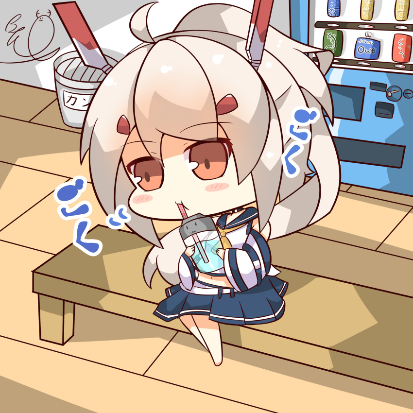 1girl absurdres ascot ayanami_(azur_lane) azur_lane bench benizika blush_stickers bottle can chibi choker commentary_request detached_sleeves drinking drinking_straw hair_ornament hairclip headgear highres holding holding_bottle long_hair looking_at_viewer navel orange_eyes pleated_skirt ponytail retrofit_(azur_lane) school_uniform serafuku silver_hair sitting skirt solo translation_request trash_can vending_machine wide_sleeves