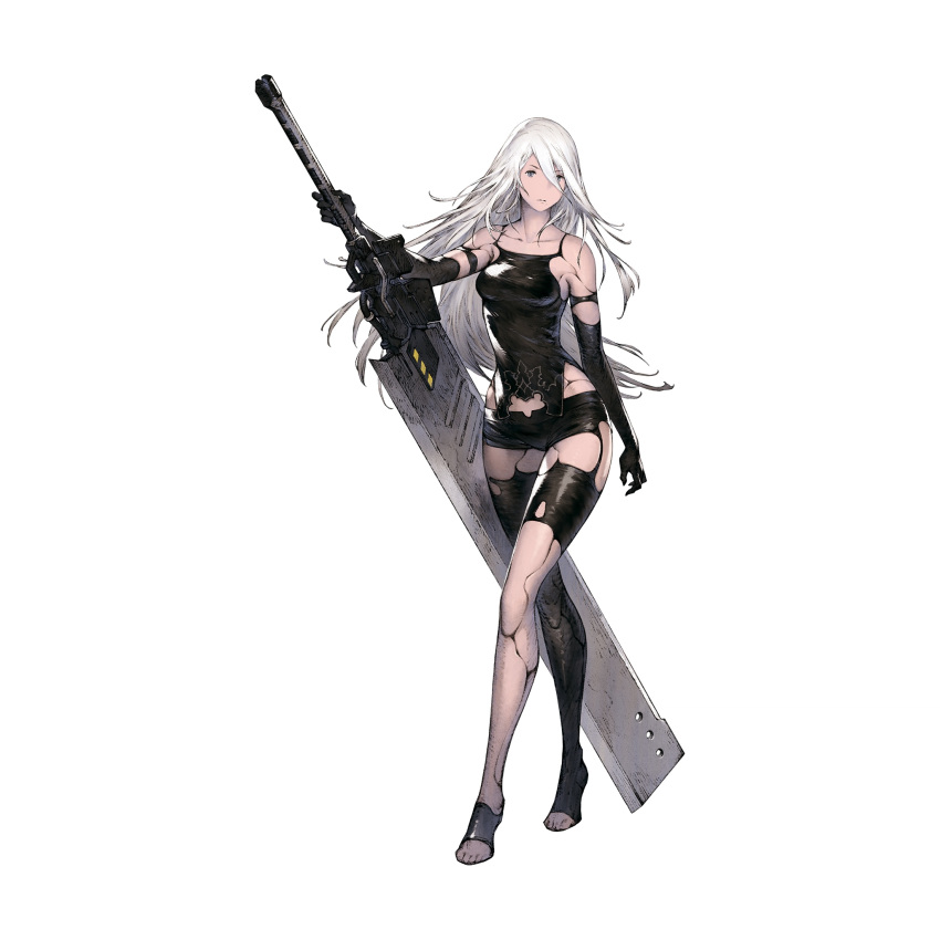 1girl android black_gloves black_shorts blue_eyes breasts camisole elbow_gloves full_body gloves highres holding holding_sword holding_weapon huge_weapon joints long_hair long_legs mole mole_under_mouth nier_(series) nier_automata nier_reincarnation official_art reverse_grip robot_joints shorts silver_hair small_breasts solo standing sword toes type-4o_blade weapon white_background yorha_type_a_no._2 yoshida_akihiko
