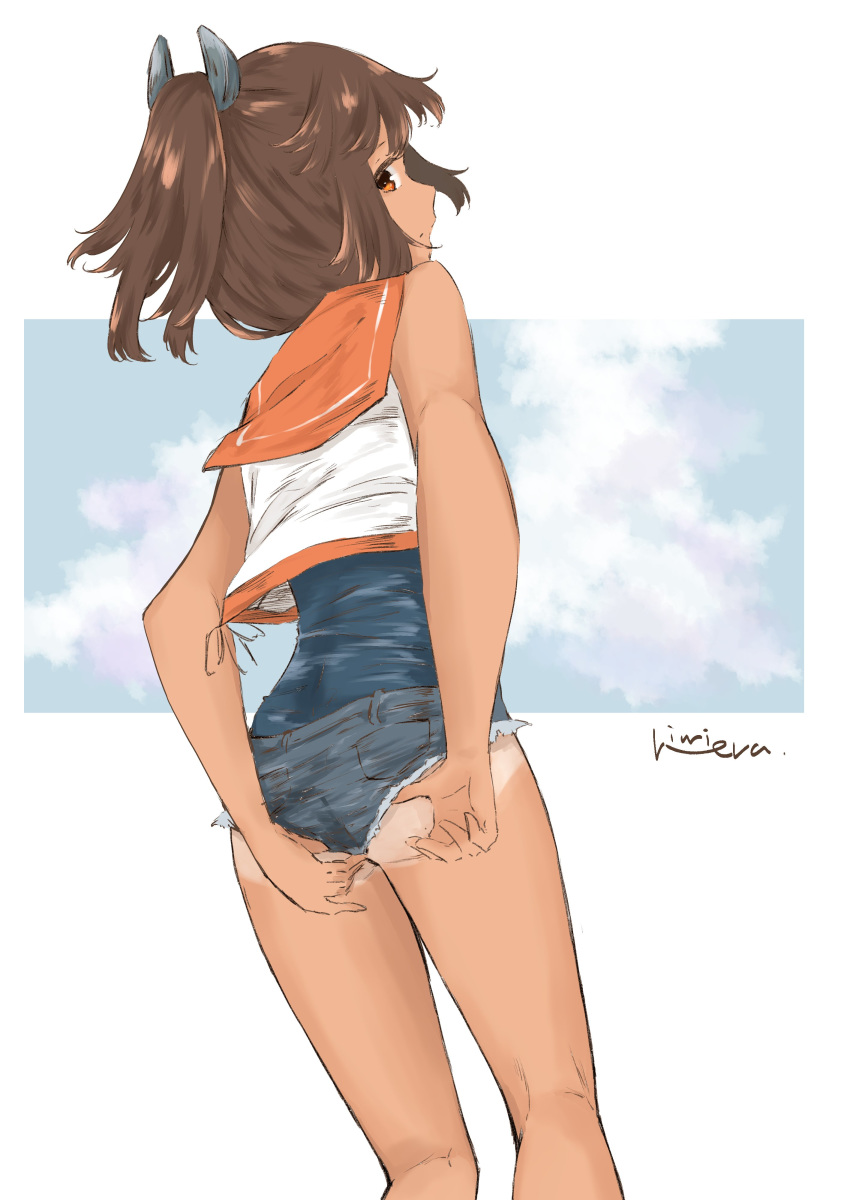 1girl absurdres ass blue_sky brown_eyes brown_hair clouds commentary_request cowboy_shot cutoffs denim denim_shorts from_behind hair_ornament hairclip highres i-401_(kantai_collection) kantai_collection orange_sailor_collar ponytail rimiera sailor_collar school_swimsuit shirt short_hair short_ponytail short_shorts shorts side-tie_shirt sky sleeveless sleeveless_shirt solo standing swimsuit swimsuit_under_clothes tan tanline