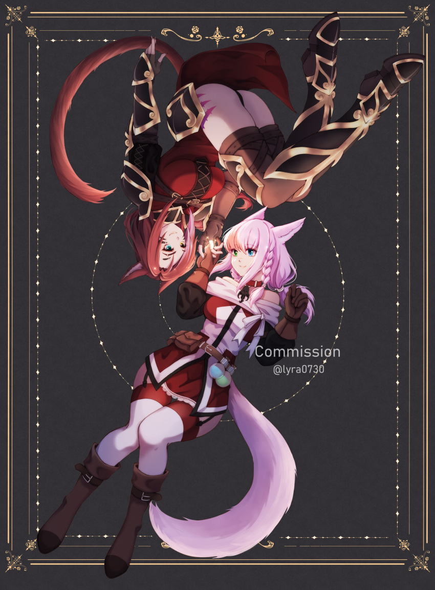 2girls animal_ears armor armored_boots bangs belt boots braid breasts brown_hair cat_ears cat_tail collar commission facial_mark final_fantasy final_fantasy_xiv fingerless_gloves garter_straps gauntlets gloves heterochromia highres hip_armor holding_hands long_hair looking_at_another lyra-kotto medium_breasts miqo'te multiple_girls pink_hair short_hair shoulder_armor smile tail tattoo thigh-highs