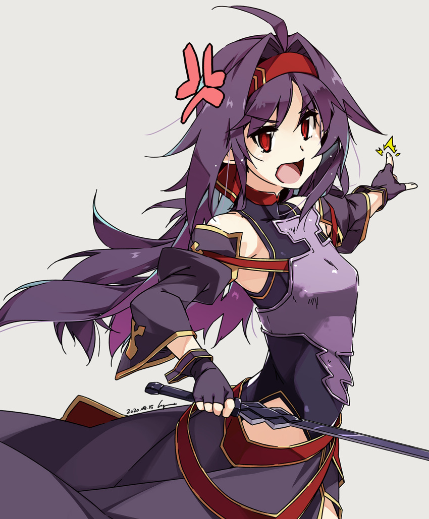 1girl ahoge anger_vein bangs bare_shoulders breastplate commentary_request dated detached_sleeves eyebrows_visible_through_hair fingerless_gloves gloves hair_between_eyes hairband highres holding holding_sword holding_weapon leotard long_hair long_sleeves looking_to_the_side open_mouth pointy_ears purple_gloves purple_hair red_eyes red_hairband shikei simple_background solo standing sword sword_art_online v-shaped_eyebrows very_long_hair weapon yuuki_(sao)