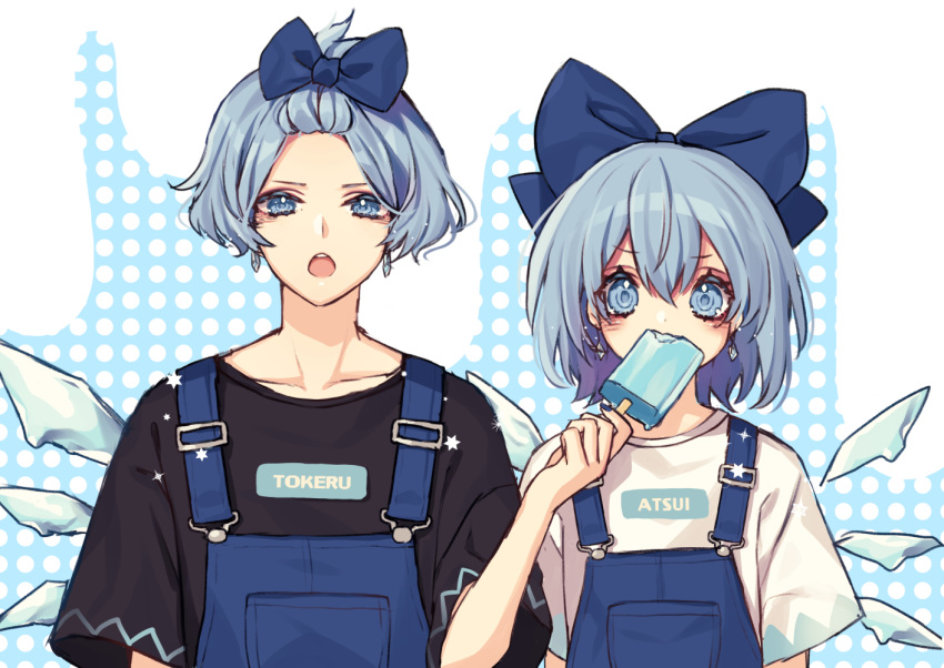 1boy 1girl alternate_costume bangs bangs_pinned_back black_shirt blue_background blue_bow blue_eyes blue_hair blue_nails blush bow cirno collarbone commentary denim dual_persona earrings eating feeding food forehead frown genderswap hair_between_eyes hair_bow hand_up hexagram holding holding_food ice ice_cream ice_wings jewelry kyouda_suzuka looking_at_viewer nail_polish open_mouth pocket polka_dot polka_dot_background raised_eyebrow shirt short_hair short_sleeves side-by-side snowflakes suspenders touhou upper_body upper_teeth white_background white_shirt wide-eyed wide_sleeves wings