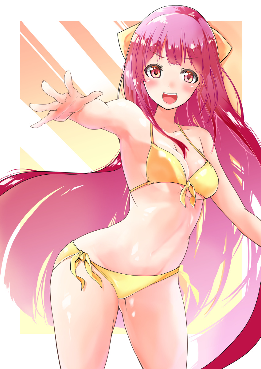 1girl absurdres bikini bow breasts commentary_request cowboy_shot foreshortening front-tie_top hair_bow highres kamikaze_(kantai_collection) kantai_collection logical long_hair looking_at_viewer red_eyes redhead side-tie_bikini small_breasts smile solo standing swimsuit yellow_bikini yellow_bow