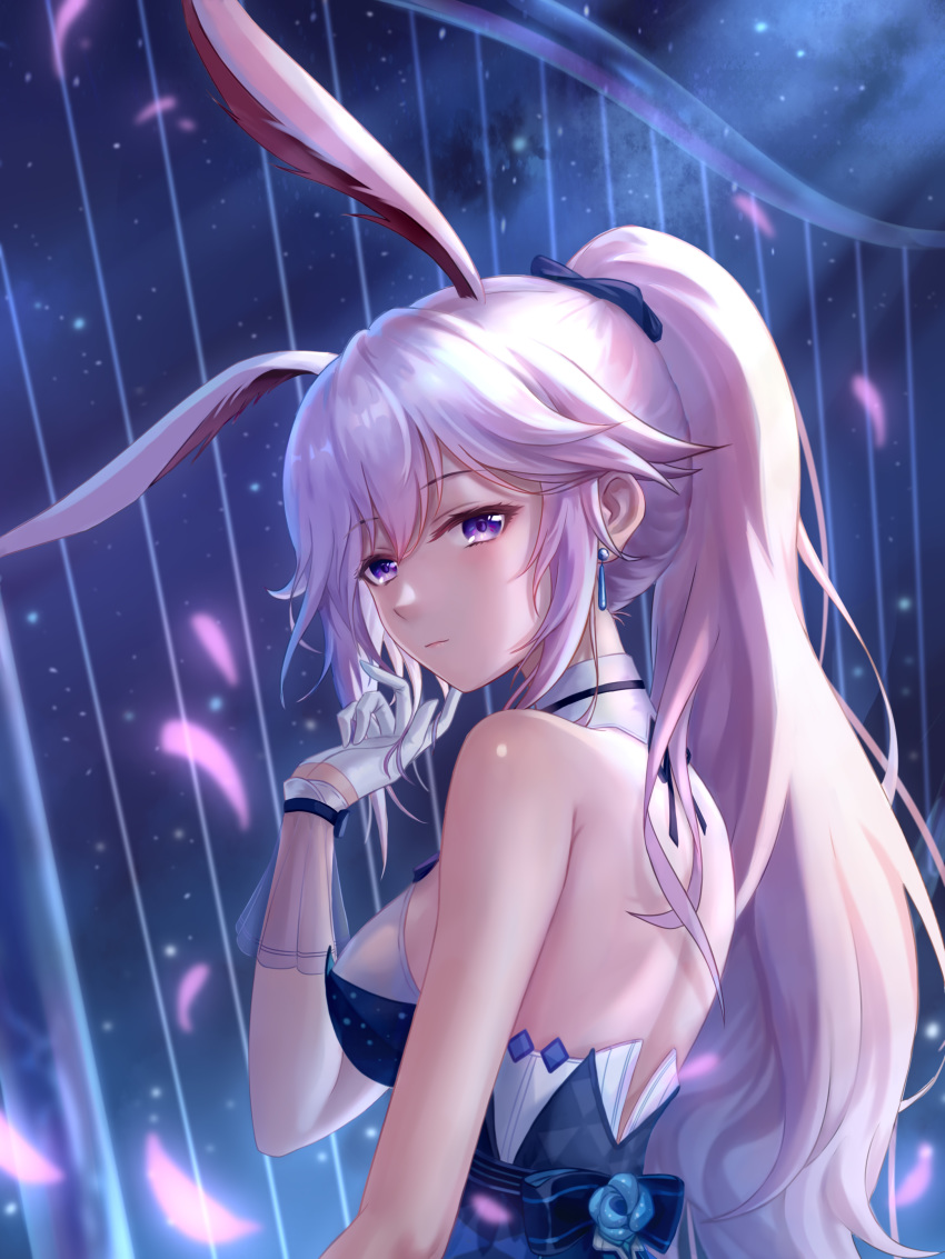 1girl absurdres animal_ears bangs blue_scrunchie breasts cherry_blossoms closed_mouth earrings eyebrows_visible_through_hair fox_ears gloves hair_between_eyes hair_ornament hair_scrunchie high_ponytail highres honkai_(series) honkai_impact_3rd jewelry long_hair looking_at_viewer medium_breasts rj_(lingshih10) scrunchie sideboob silver_hair solo upper_body very_long_hair violet_eyes white_gloves yae_sakura