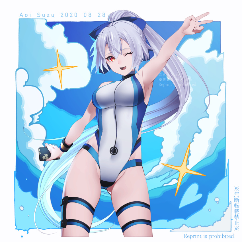 1girl aoi_suzu arm_up artist_name bangs blue_bow blue_sky blue_swimsuit blush bow breasts dated fate/grand_order fate_(series) hair_between_eyes hair_bow highleg highleg_swimsuit highres large_breasts long_hair looking_at_viewer one-piece_swimsuit one_eye_closed open_mouth ponytail red_eyes silver_hair sky smile sparkle swimsuit thigh_strap thighs tomoe_gozen_(fate/grand_order) tomoe_gozen_(swimsuit_saber)_(fate) two-tone_swimsuit v white_swimsuit wristband