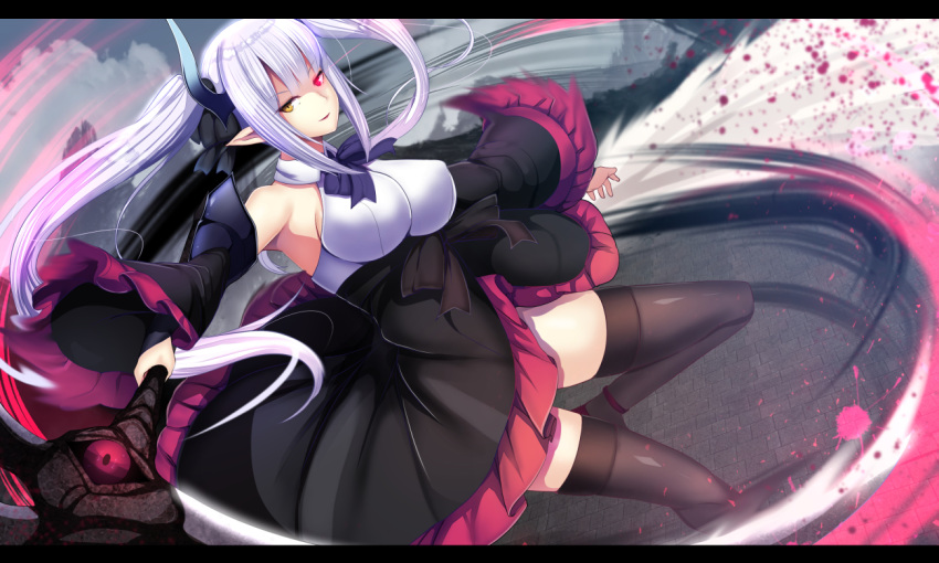 1girl bangs black_legwear blurry blurry_background breasts daiaru detached_sleeves dress dutch_angle eyebrows_visible_through_hair frilled_dress frills glowing glowing_eye heterochromia holding holding_staff horns large_breasts letterboxed long_hair looking_at_viewer motion_blur original pointy_ears purple_hair solo staff thigh-highs