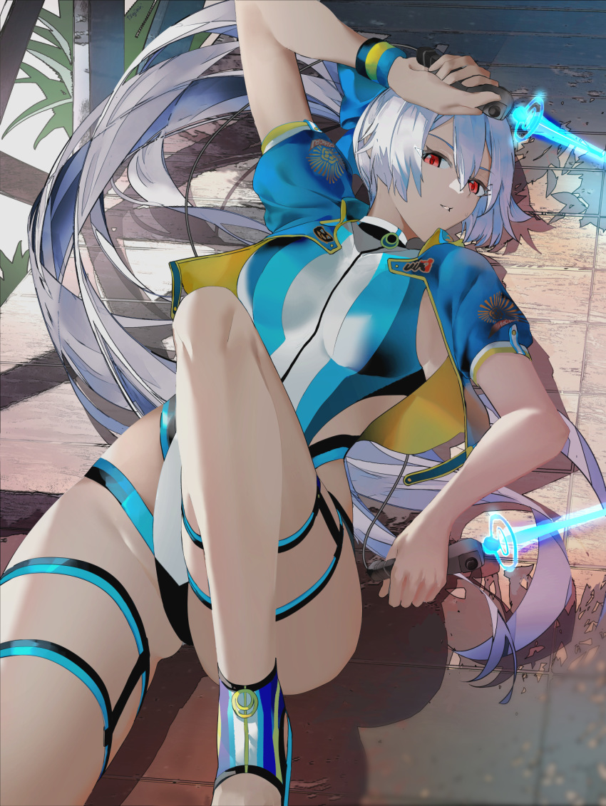 1girl arm_up bangs blue_bow blue_jacket blue_swimsuit bow breasts dual_wielding energy_sword fate/grand_order fate_(series) hair_between_eyes hair_bow highleg highleg_swimsuit highres holding jacket knee_up large_breasts long_hair looking_at_viewer lying on_back one-piece_swimsuit parted_lips ponytail red_eyes sandals short_sleeves silver_hair swimsuit sword thigh_strap thighs tomoe_gozen_(fate/grand_order) tomoe_gozen_(swimsuit_saber)_(fate) tsujieiri two-tone_swimsuit weapon white_swimsuit