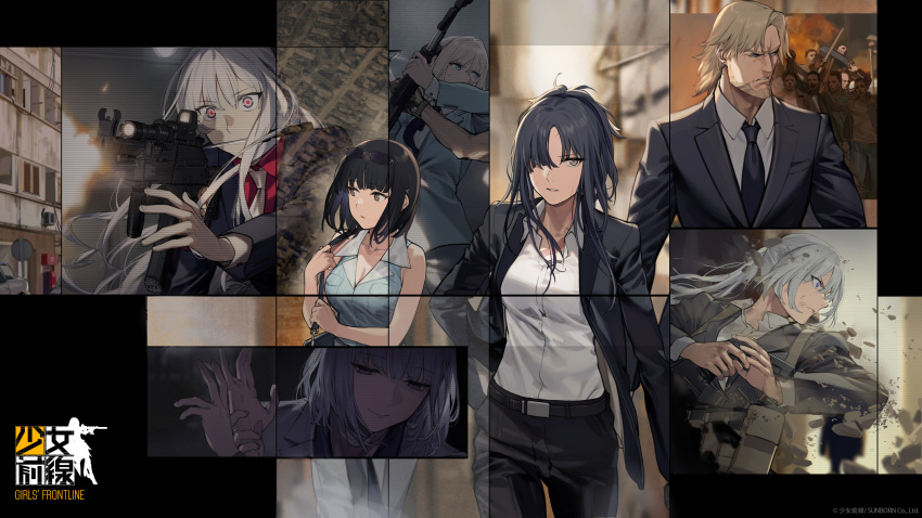 6+boys 6+girls absurdres action ak-12 ak-12_(girls_frontline) ak-15_(girls_frontline) alternate_costume an-94 an-94_(girls_frontline) angelia_(girls_frontline) assault_rifle bangs black_hair blue_eyes breasts character_request closed_mouth defy_(girls_frontline) duoyuanjun earrings facial_hair facial_scar firing floating_hair girls_frontline glowing glowing_eyes gun hairband handgun highres holding holding_gun holding_weapon jacket jewelry load_bearing_equipment long_hair long_sleeves multiple_boys multiple_girls necktie official_art open_clothes open_jacket pistol ponytail rifle rpk-16_(girls_frontline) scar scar_on_cheek serious shirt sidelocks silver_hair smile violet_eyes weapon white_shirt