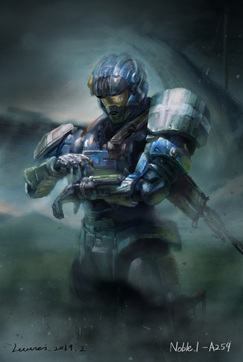 1boy armor carter-a259 character_name gun halo:_reach halo_(game) hand_up highres holstered_weapon loftiwei looking_down solo spartan_(halo) visor weapon