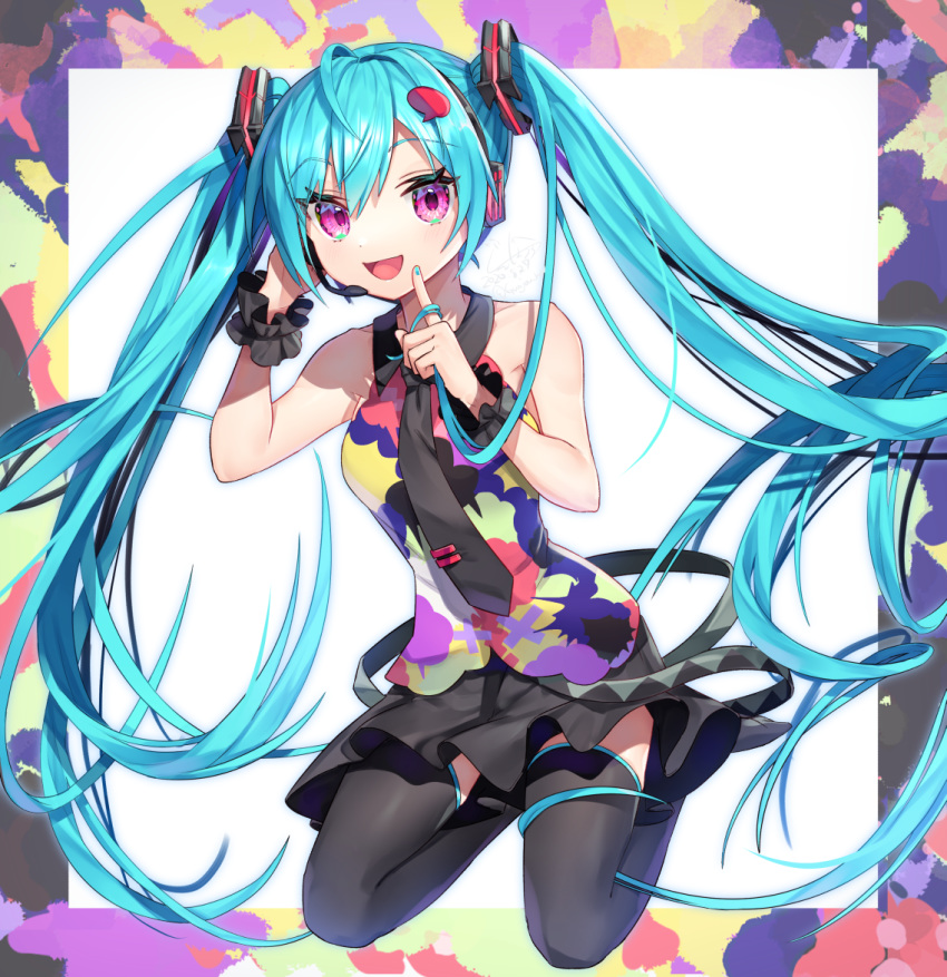 1girl :d ahoge bangs bare_shoulders black_legwear black_skirt blue_hair blue_nails collared_shirt commentary dated eyebrows_visible_through_hair full_body gunjou_row hair_between_eyes hair_ornament hands_up hatsune_miku headphones headset long_hair looking_at_viewer nail_polish open_mouth pleated_skirt shirt skirt sleeveless sleeveless_shirt smile solo tell_your_world_(vocaloid) thigh-highs twintails twitter_username very_long_hair violet_eyes vocaloid white_background wrist_cuffs