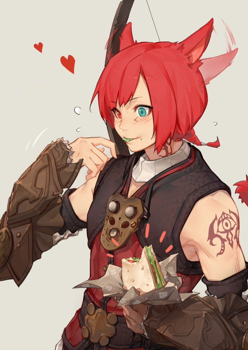 1boy animal_ears arm_tattoo armor belt blue_eyes blush bow_(weapon) closed_fan crow0cc crystal_exarch ear_wiggle eating eyebrows_visible_through_hair eyes_visible_through_hair fan final_fantasy final_fantasy_xiv flying_sweatdrops folding_fan food food_on_face g'raha_tia grey_background heart heterochromia highres holding holding_food male_focus miqo'te neck_tattoo ponytail red_eyes redhead sandwich simple_background smile solo sweatdrop tattoo vambraces weapon weapon_on_back