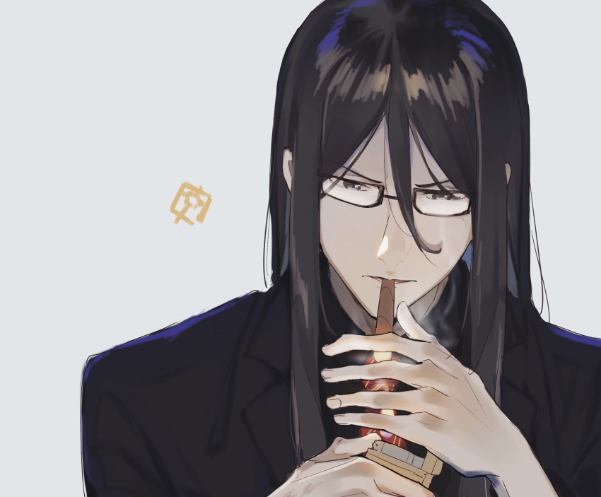 1boy black_clothes black_hair black_jacket black_shirt business_suit cigar fate/grand_order fate_(series) formal glasses highres jacket long_hair long_sleeves lord_el-melloi_ii lord_el-melloi_ii_case_files male_focus neckwear nekocake shirt simple_background smoking solo suit upper_body waver_velvet white_background