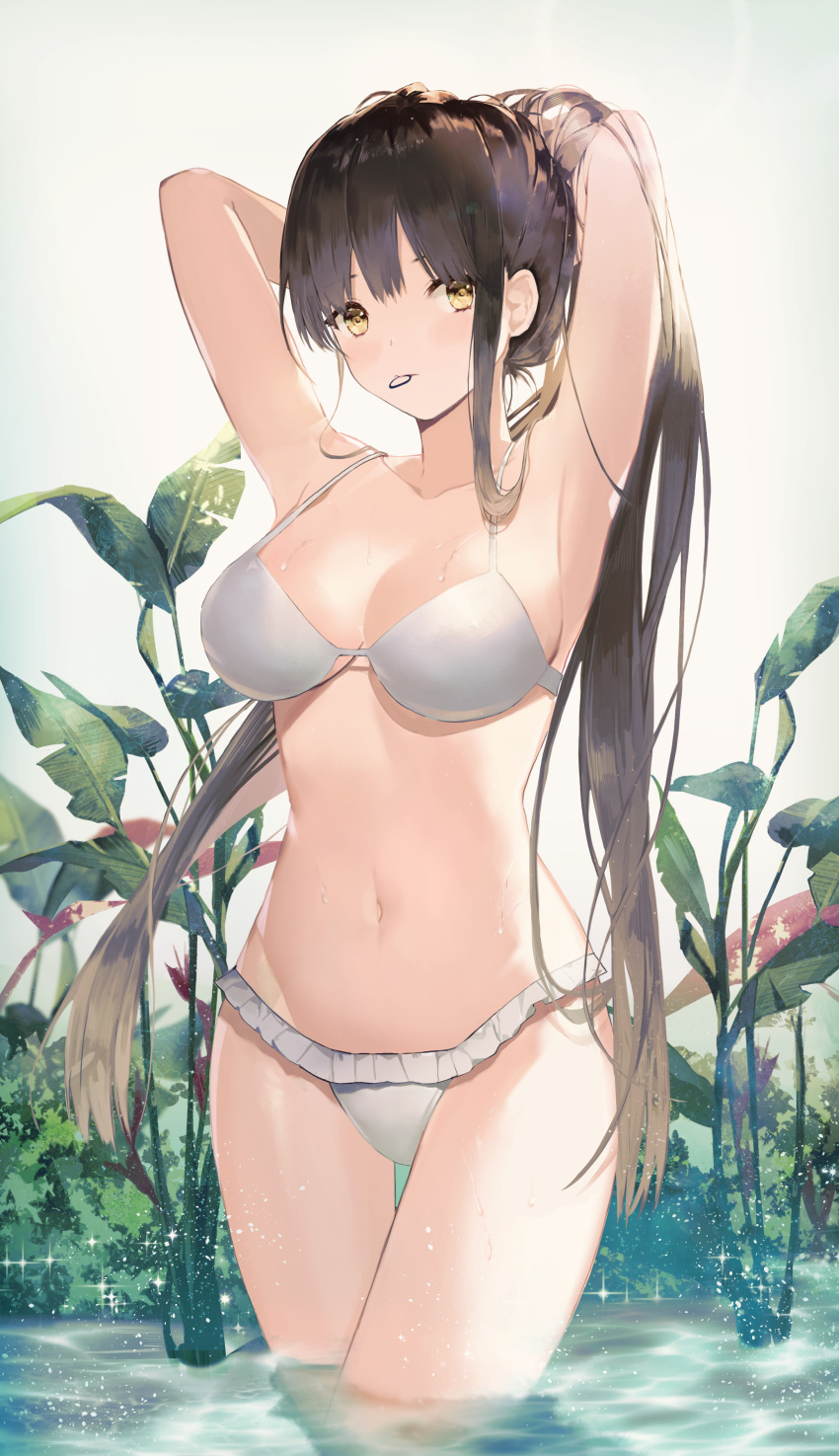 1girl absurdres armpits arms_behind_head arms_up backlighting bangs belda34 bikini bloom blush breasts brown_hair collarbone crossed_legs dripping expressionless frilled_bikini frills hair_tie highres long_hair looking_at_viewer medium_breasts mouth_hold navel original plant ponytail sidelocks solo sparkle standing swimsuit thigh_gap tying_hair wading water wet white_bikini yellow_eyes