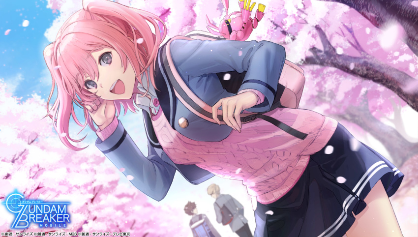 1girl 2boys aizen_touma artist_request backpack bag cherry_blossoms commentary_request day dutch_angle gundam_breaker_mobile highres long_sleeves looking_at_viewer medium_hair miniskirt miyama_sana multiple_boys official_art open_mouth outdoors petals pink_hair pink_sweater school_uniform skirt solo_focus sweater sweater_under_jacket tree two_side_up