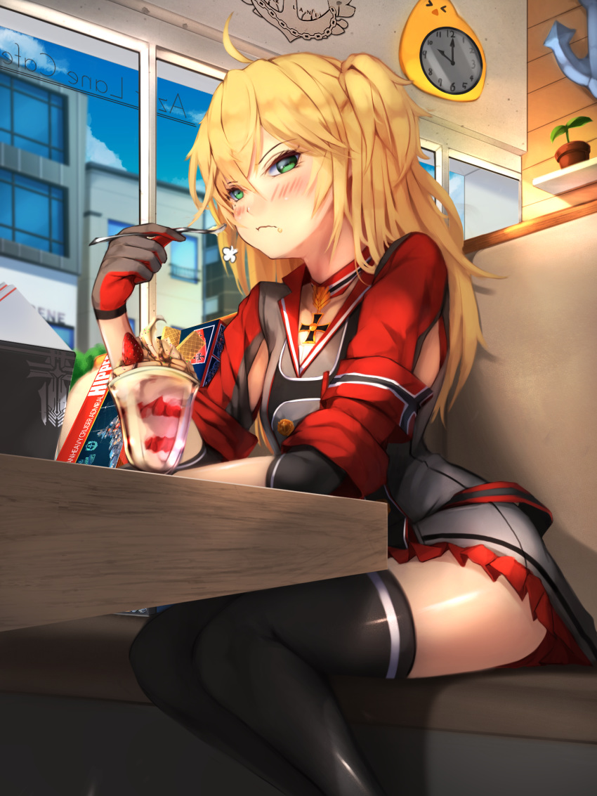 1girl =3 admiral_hipper_(azur_lane) admiral_hipper_(cruiser) ahoge anchor arm_rest armband armpit_cutout azur_lane bangs black_legwear blonde_hair blue_sky blush breasts cafe choker cityscape clock closed_mouth clouds collarbone commentary couch cowboy_shot day dessert dress elbow_sleeve eyebrows_visible_through_hair food food_on_face fruit gloves green_eyes grey_dress grey_gloves hair_between_eyes highres holding holding_spoon ice_cream indoors iron_blood_(emblem) iron_cross long_hair looking_at_viewer manjuu_(azur_lane) model_kit model_ship mole no_headwear parfait plant potted_plant red_gloves red_sleeves shadow sidelocks sitting sky solo sonaworld spoon strawberry table thigh-highs two-tone_gloves two_side_up wafer wafer_stick wall wall_clock whipped_cream window zettai_ryouiki