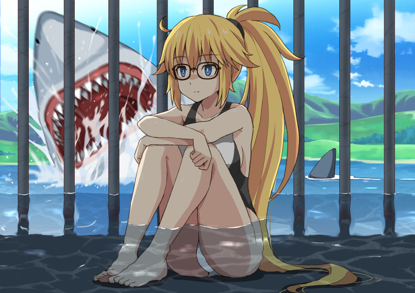 1girl absurdres bare_shoulders barefoot blonde_hair blue_eyes breasts cage collarbone commentary_request eyebrows_visible_through_hair fate/grand_order fate_(series) glasses hair_between_eyes highres jeanne_d'arc_(fate)_(all) jeanne_d'arc_(swimsuit_archer) kono_subarashii_sekai_ni_shukufuku_wo! large_breasts one-piece_swimsuit partially_submerged ponytail shark sideboob sitting sleeveless solo swimsuit water xiafuizui