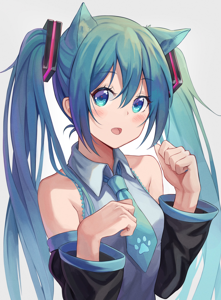 1girl :d absurdres animal_ears aqua_neckwear bangs bare_shoulders bibboss39 black_sleeves blue_eyes blue_hair blush breasts cat_ears collared_shirt detached_sleeves eyebrows_visible_through_hair gradient gradient_background grey_background grey_shirt hatsune_miku highres kemonomimi_mode long_hair long_sleeves looking_at_viewer necktie open_mouth paw_pose paw_print print_neckwear shirt small_breasts smile solo twintails upper_body very_long_hair vocaloid wing_collar