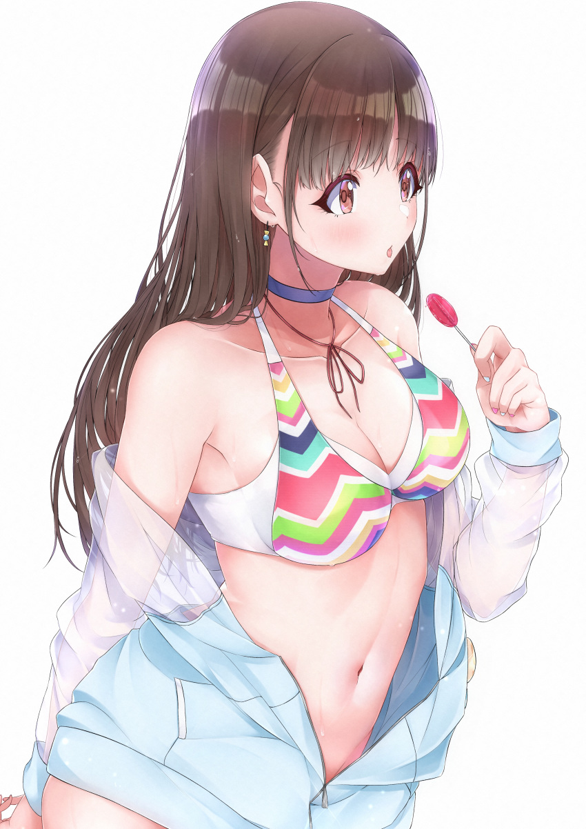 1girl :p absurdres bangs bikini bikini_top blue_choker breasts brown_hair candy choker commentary_request food highres holding holding_candy holding_food holding_lollipop idolmaster idolmaster_shiny_colors lollipop long_hair looking_away medium_breasts multicolored multicolored_bikini multicolored_clothes nail_polish navel red_eyes simple_background solo sonoda_chiyoko swimsuit tongue tongue_out tutinako white_background