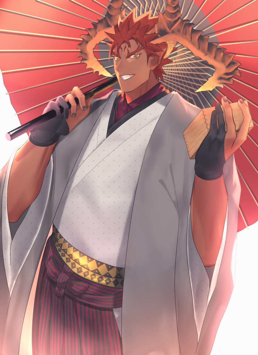 1boy alternate_costume dark_skin dark_skinned_male gloves highres horns ifrit_(tokyo_houkago_summoners) japanese_clothes kihane_atsusane kimono male_focus muscle nail_polish partly_fingerless_gloves pointy_ears redhead short_hair spiky_hair tokyo_houkago_summoners under_umbrella upper_body yellow_eyes