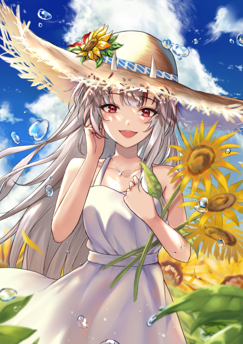 1girl absurdres adjusting_hair bangs bare_arms blush clouds cloudy_sky collarbone commentary_request day dress eyebrows_visible_through_hair fang flower hair_between_eyes halter_dress hat highres holding holding_flower hololive horns jewelry long_hair looking_at_viewer miyayosh nakiri_ayame necklace oni_horns open_mouth red_eyes sidelocks silver_hair sky sleeveless sleeveless_dress solo straw_hat sundress sunflower virtual_youtuber water_drop white_dress