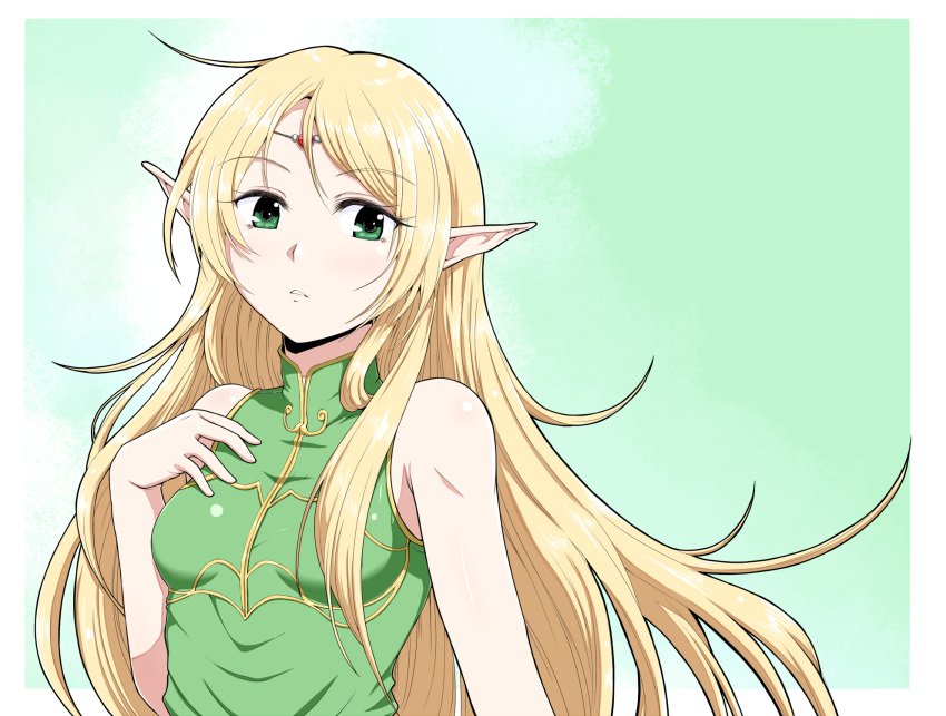 1girl bare_arms bare_shoulders blonde_hair breasts circlet collarbone deedlit dress elf green_background green_dress green_eyes hand_up highres kyo9999 long_hair looking_at_viewer parted_lips pointy_ears record_of_lodoss_war sleeveless sleeveless_dress small_breasts solo upper_body very_long_hair