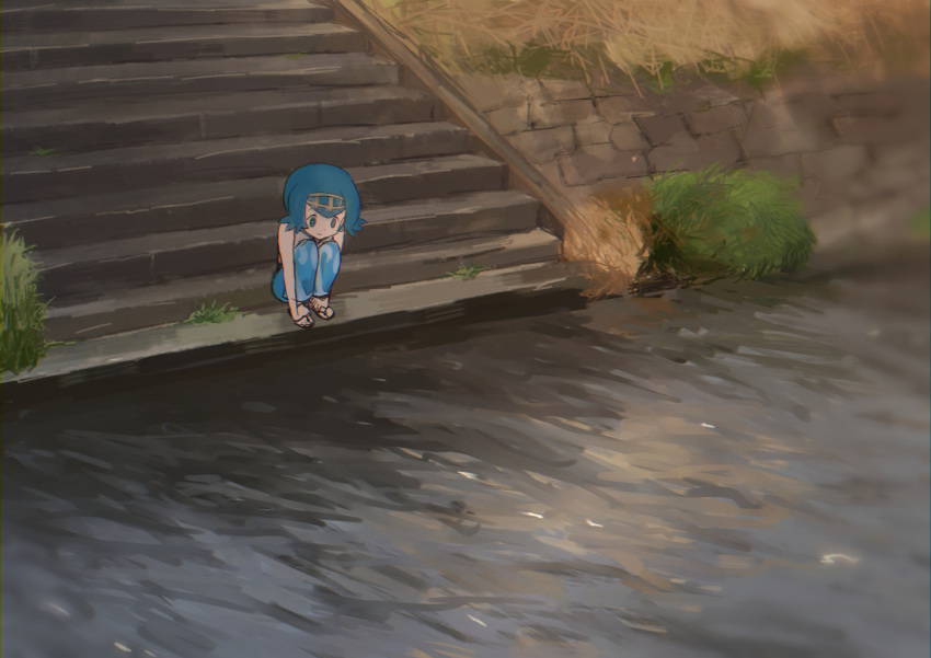 1girl blue_eyes blue_hair blue_pants closed_mouth commentary_request day flip-flops gold_hairband hairband hands_on_feet looking_down melon_syrup outdoors pants pokemon pokemon_(game) pokemon_sm river sandals short_hair smile solo squatting suiren_(pokemon) water